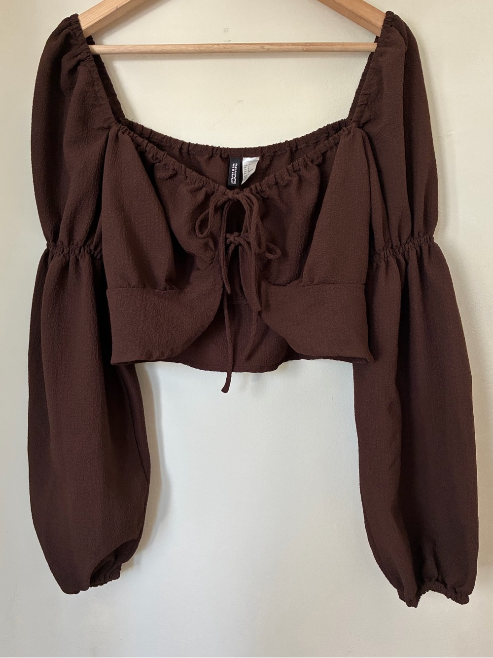 H&M Babydoll Brown Cropped Peasant Top Puff Sleeve Tie Front Blouse Boho  L Fall